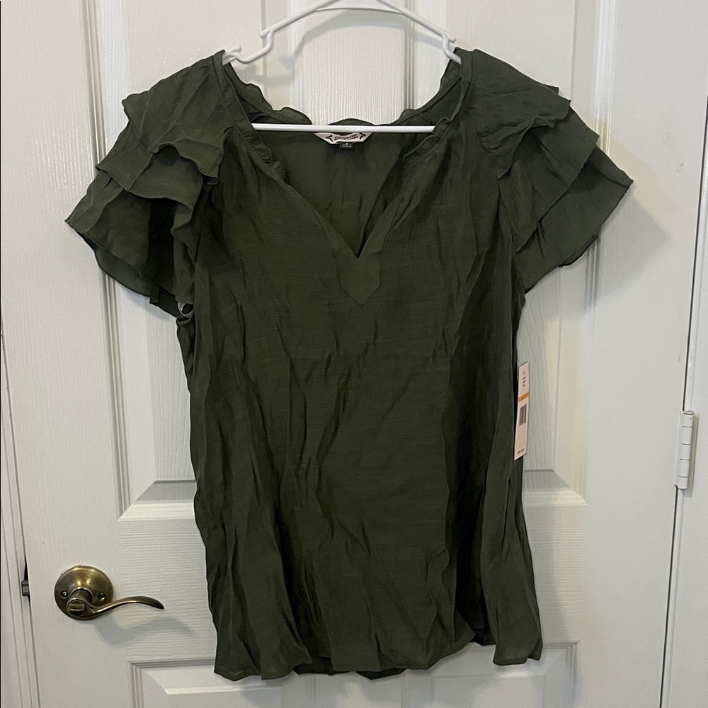 Olive Green Ruffle Sleeve Women's V-Neck Top
